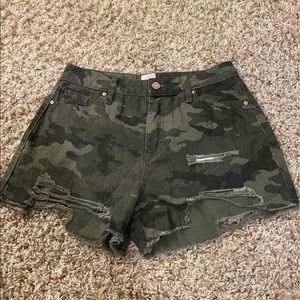 Camo denim high waisted shorts